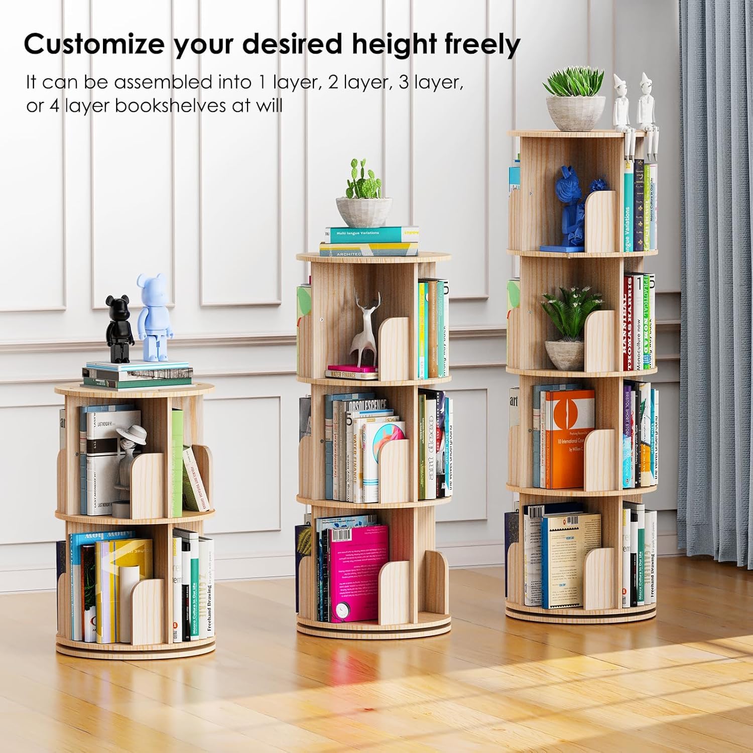 Kinembold 4 Tier Rotating Bookshelf, Floor Standing Spinning Bookshelf Tower for Kids, 360 Display Revolving Corner Bookcase for Small Space, Round Book Shelf Organizer for Bedroom, Living Room