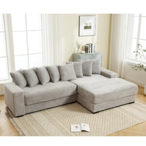 111" l shape sofa couch with 8 pillows,comfy sectional cloud couch for living room,l-shaped 3 seat with right-side chaise,corduroy fabric,grey