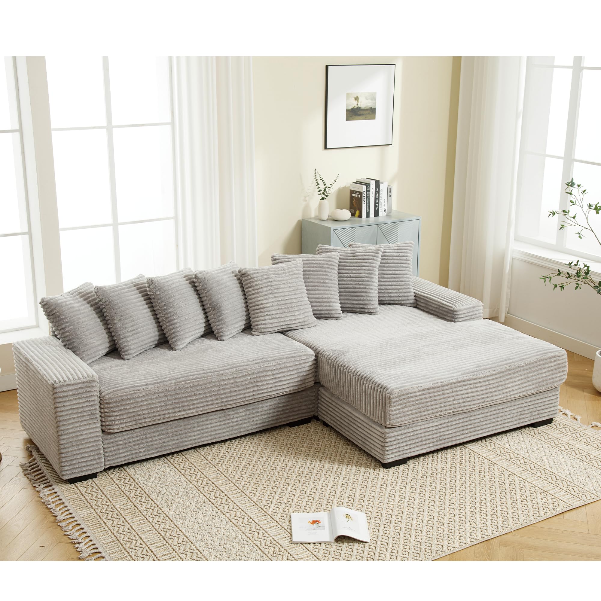 111" L Shape Sofa Couch with 8 Pillows,Comfy Sectional Cloud Couch for Living Room,L-Shaped 3 Seat with Right-Side Chaise,Corduroy Fabric,Grey