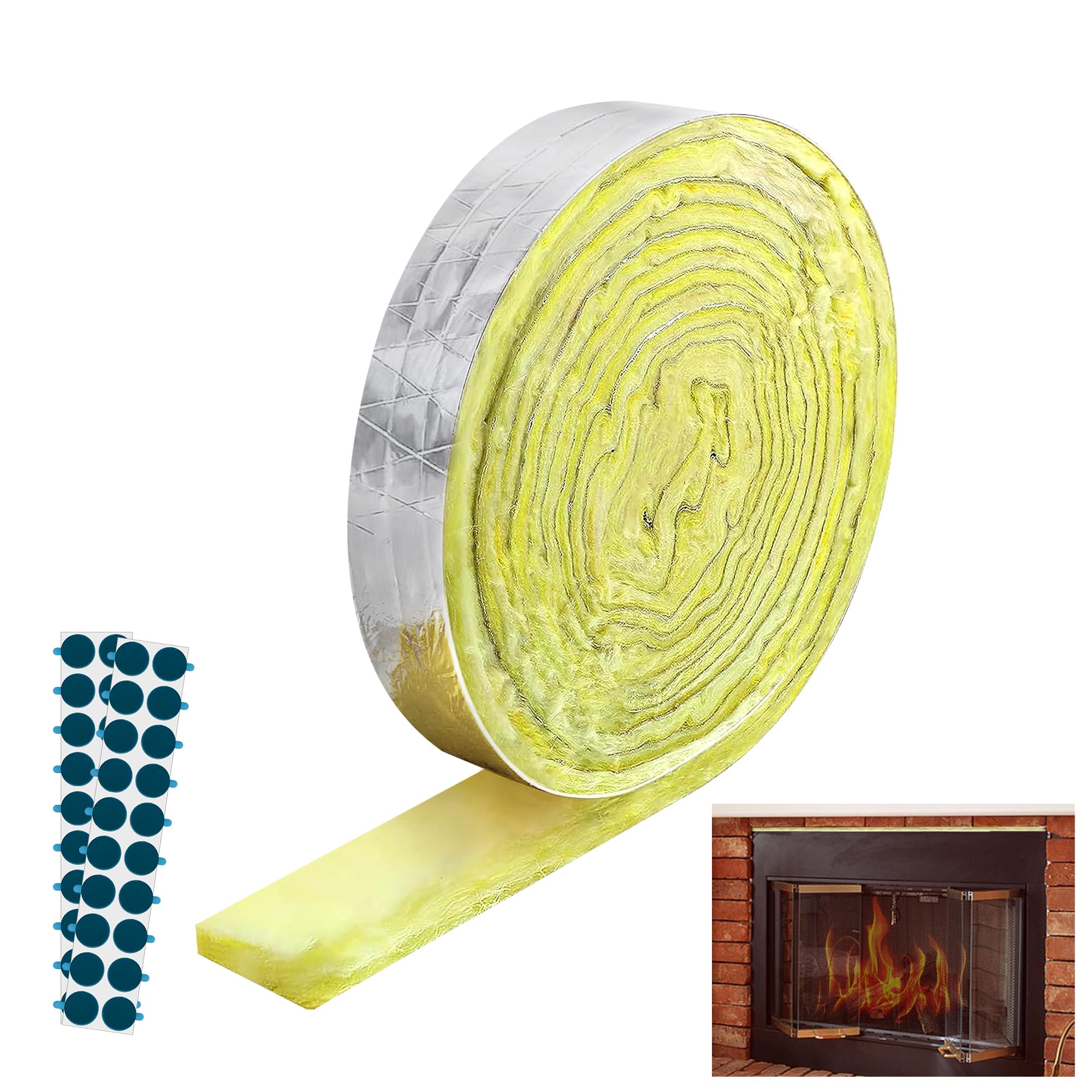 Nkiy Quen 32 Ft x 1.6 Inch Fireplace Insulation Strip-Fiberglass Fireplace Insert Insulation with Glue Points-Foil Back Fireplace Insulation Kit to Limit Air Leaks