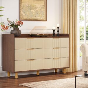 Tribesigns 6 Drawer Double Dresser, Modern Chest of Deep Drawers, Wooden Storage Dresser Organizer with Metal Handles & Sturdy Legs, Large Storage Cabinet for Bedroom, Living Room, Oak & Brown