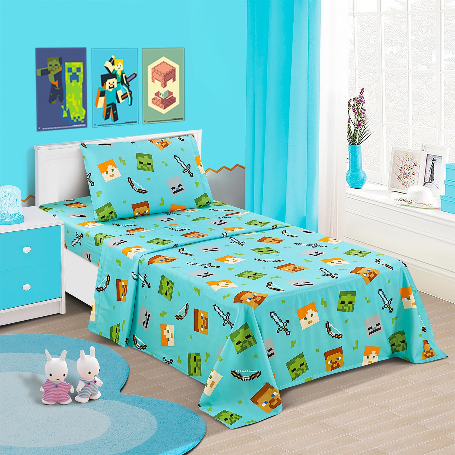 Minecraft Twin Bedding Set for Kids - Bundle with Minecraft Bedspread, Flat Sheet, Fitted Sheet, and Pillowcase for Twin Bed Plus Posters, Phone Wallet, More | Minecraft Bedroom Decor