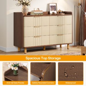 Tribesigns 6 Drawer Double Dresser, Modern Chest of Deep Drawers, Wooden Storage Dresser Organizer with Metal Handles & Sturdy Legs, Large Storage Cabinet for Bedroom, Living Room, Oak & Brown