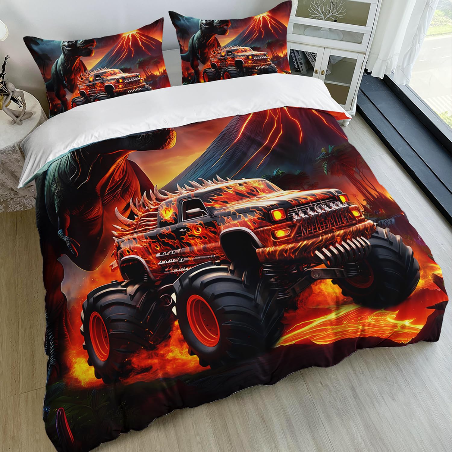 AILONEN Cartoon Monster Trucks Bedding Set for Kids,Boys,Girls Twin Size, Fire Dinosaur Duvet Cover Set for Bedroom Decor,Boho Style Comforter Cover,3-Piece,1 Quilt Cover and 2 Pillowcases,Breathable