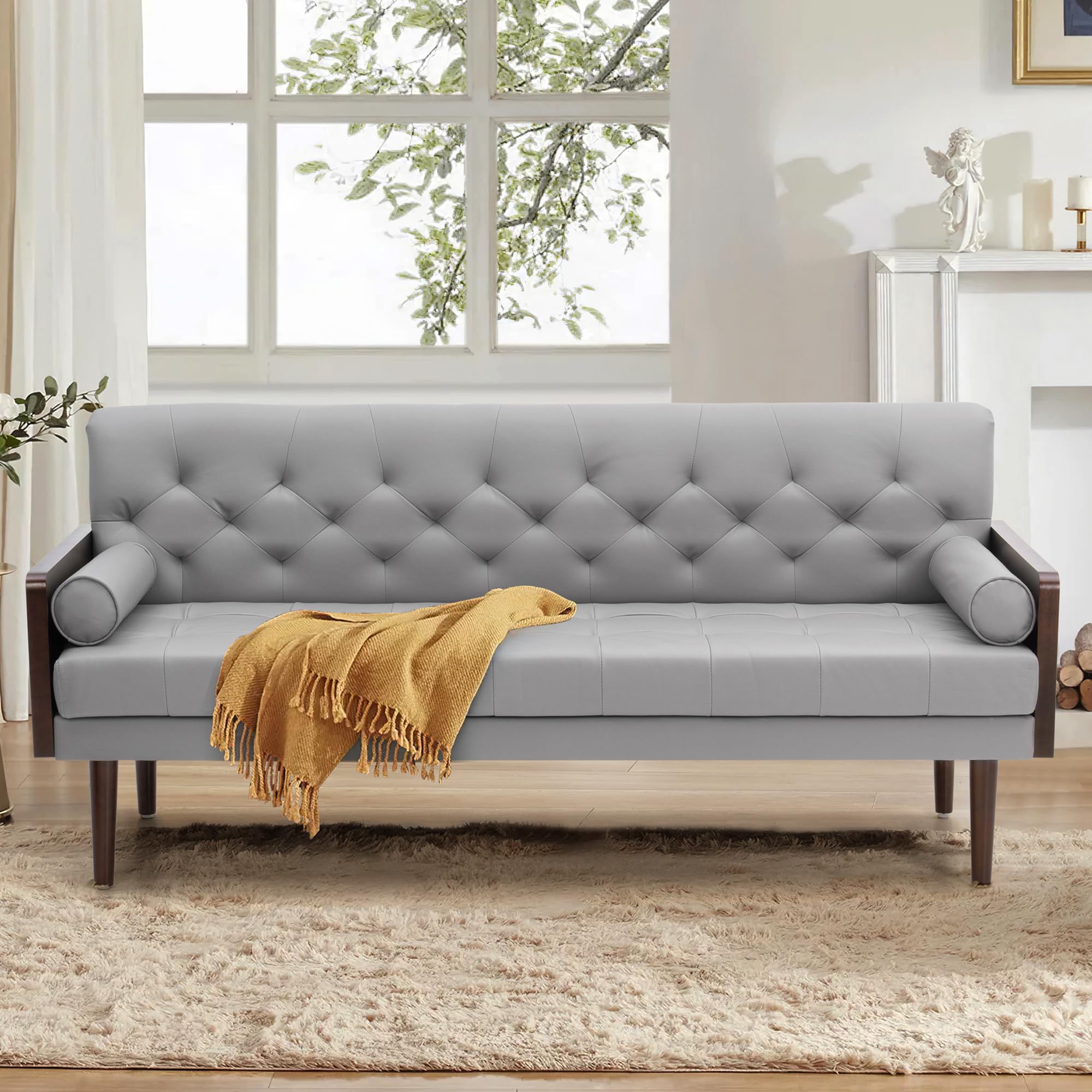 PATIOHIT Faux Leather Couch Modern 72" Sofa Couch with 2 Bolster Pillows Mid Century Modern Upholstered Loveseat Chair for Living Room Apartment Office(Grey)