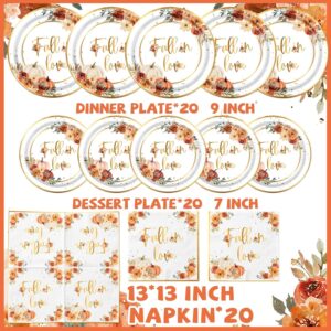 Fall In Love Bridal Shower Decorations Tableware, 60Pcs Fall In Love Decorations Includes Fall In Love Plates Fall In Love Napkins, Fall Bridal Shower Decorations Fall Engagement Party Decorations