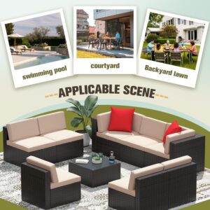 Greesum Patio Furniture Sets 9-Pieces Outdoor PE Rattan Sectional Sofa with Thickened Cushions and Glass Coffee Table,Beige