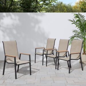 AMPATIO Patio Dining Chairs Set of 4, Outdoor High Stacking Chairs, Breathable Seat Fabric and Alloy Steel Frame for Backyard Porch Garden Sunroom (Brown)