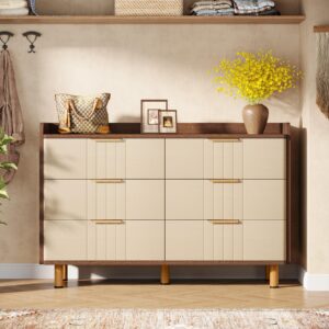 Tribesigns 6 Drawer Double Dresser, Modern Chest of Deep Drawers, Wooden Storage Dresser Organizer with Metal Handles & Sturdy Legs, Large Storage Cabinet for Bedroom, Living Room, Oak & Brown