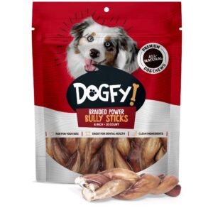 dogfy braided power bully sticks dog chews (6”, 10-pack), 2-in-1 power chews: premium beef cheek wrapped in beef pizzle, braided together for a very long lasting chew, great for medium dogs