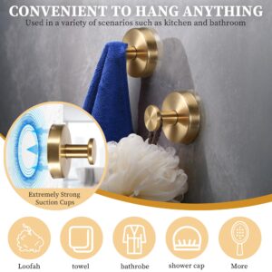 WIXUIPR Suction Cup Hooks for Shower Towel Loofah Robe Hooks for Bathroom Kitchen Stainless Steel Waterproof No Drill Suction Cup Hook Hanging on Shower Glass Door Mirror Tile (2, Brushed Gold)