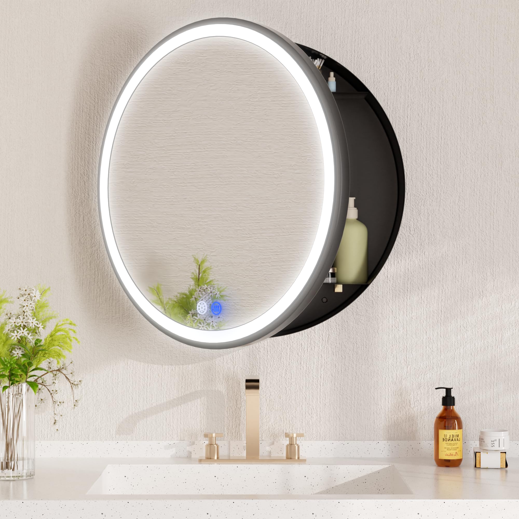 Deer Valley 24'' Round Medicine Cabinet with Mirror and Lights, Led Medicine Cabinet Mirror for Bathroom with Defogger, Metal Framed Electrical Outlet, Stepless Dimmable, Wall Mounted Medicine Cabinet