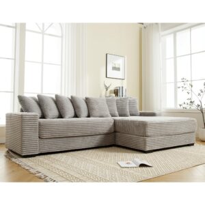 111" L Shape Sofa Couch with 8 Pillows,Comfy Sectional Cloud Couch for Living Room,L-Shaped 3 Seat with Right-Side Chaise,Corduroy Fabric,Grey