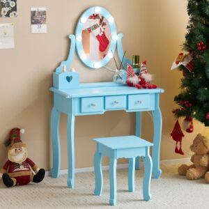 Princess Makeup Desk and Chair Set,Vanity Set with Mirror and Lights and Stool, 5 Storage Drawers, Pretend Play Princess Makeup Desk Dressing Table and Stool Set for Little Girls, Macaroon Blue