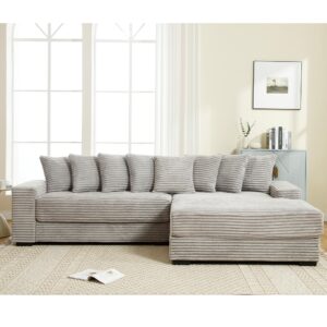 111" L Shape Sofa Couch with 8 Pillows,Comfy Sectional Cloud Couch for Living Room,L-Shaped 3 Seat with Right-Side Chaise,Corduroy Fabric,Grey