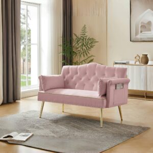 Auvsoce Upholstered Sofa Chair with Stylish Golden Decor,55-inch Modern Sofa Couch with 2 Side Pockets,Couch with Tufted Backrest for Living Room Bedroom Office (Pink)