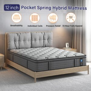 Slecofom 12 Inch Full Mattress, Firm Hybrid Full Size Mattress in a Box, Pressure Relief Cool Gel Memory Foam, Breathable Knitted Cover, Pocket Spring with Motion Isolation, Fiberglass-Free