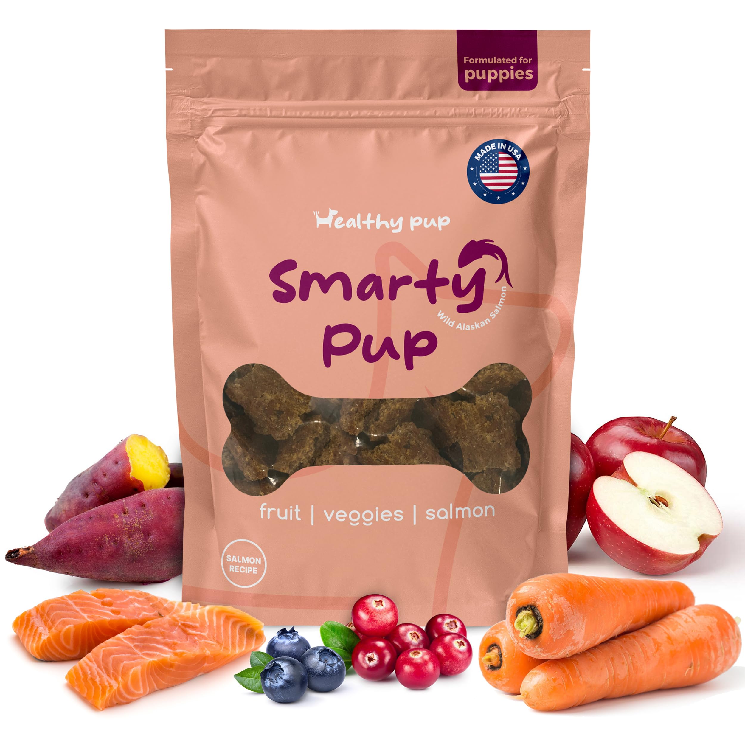 Smarty Pup Salmon Jerky - 5 oz of Fruit, Veggies, and Salmon Dog Treats – Puppy Jerky Made with Apples, Carrots, Sweet Potato, Wild Alaskan Salmon, Blueberries, Cranberries, and More