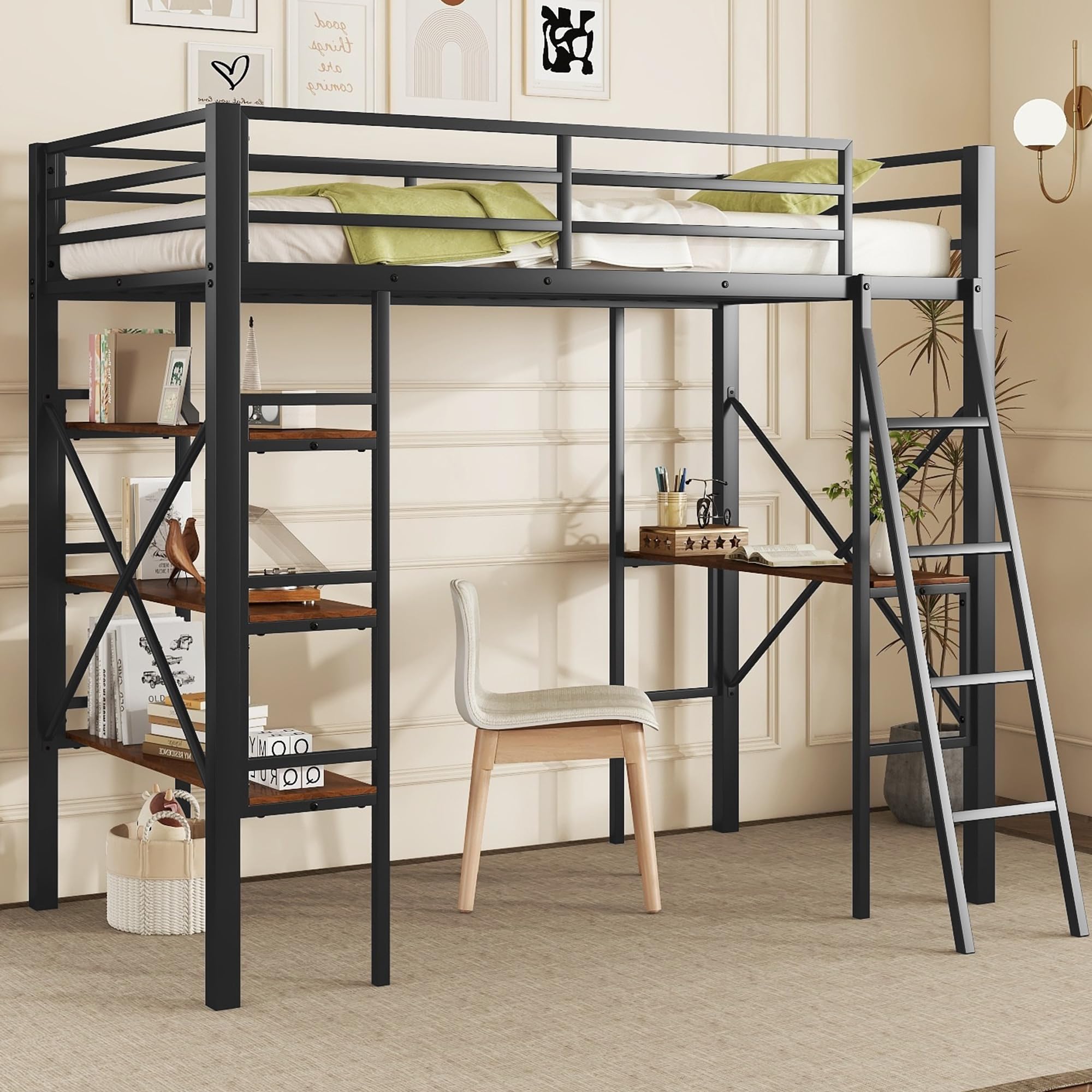 Metal Loft Bed Twin Size, Twin Loft Bed with Desk and Storage Shelves, Twin Size Loft Bed with Guardrail and Ladder, Heavy Duty Loft Bed for Kids, Teens (Twin Black)