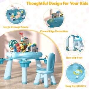 DOREROOM Kids Table and Chair, Kids Multi-Activity Table with Double-Side Tabletop, Toddler Table and Chair Set for Ages Over 1, Block Table with Storage, Toddler Activity Table for Daycare (Blue)