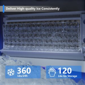 Coolake Commercial Ice Maker Machine 360lbs/24H, ETL Approved Under Counter Ice Maker, 120lbs Storage, Stainless Steel Ice Machine, Upgraded Water Filter Reduce Scale for Home Bar Restaurant Office