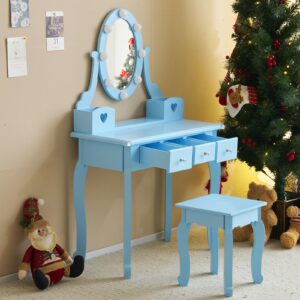 Princess Makeup Desk and Chair Set,Vanity Set with Mirror and Lights and Stool, 5 Storage Drawers, Pretend Play Princess Makeup Desk Dressing Table and Stool Set for Little Girls, Macaroon Blue