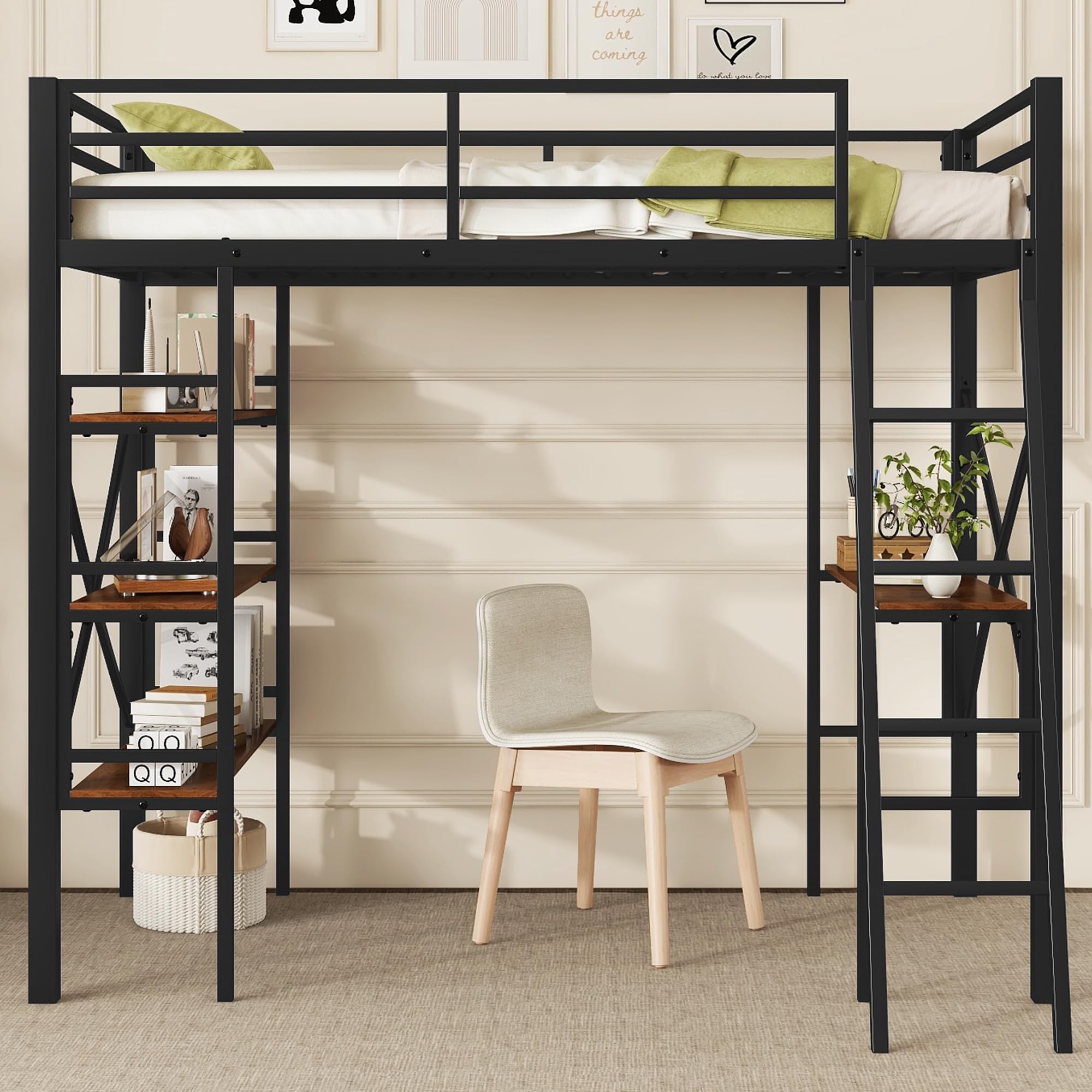 Metal Loft Bed Twin Size, Twin Loft Bed with Desk and Storage Shelves, Twin Size Loft Bed with Guardrail and Ladder, Heavy Duty Loft Bed for Kids, Teens (Twin Black)