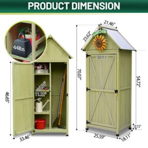 FTCBNet Outdoor Storage Cabinet,Wooden Garden Shed with Galvanized Sheet Waterproof Roof,3 Removable Shelves and Lockable Doors for Yard,Patio,Deck and Porch (Green)