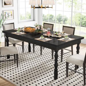 tribesigns wood black dining table for 4-6 people, 62” farmhouse large rectangle kitchen table, modern dinner table kitchen & dining room furniture with carved turned legs