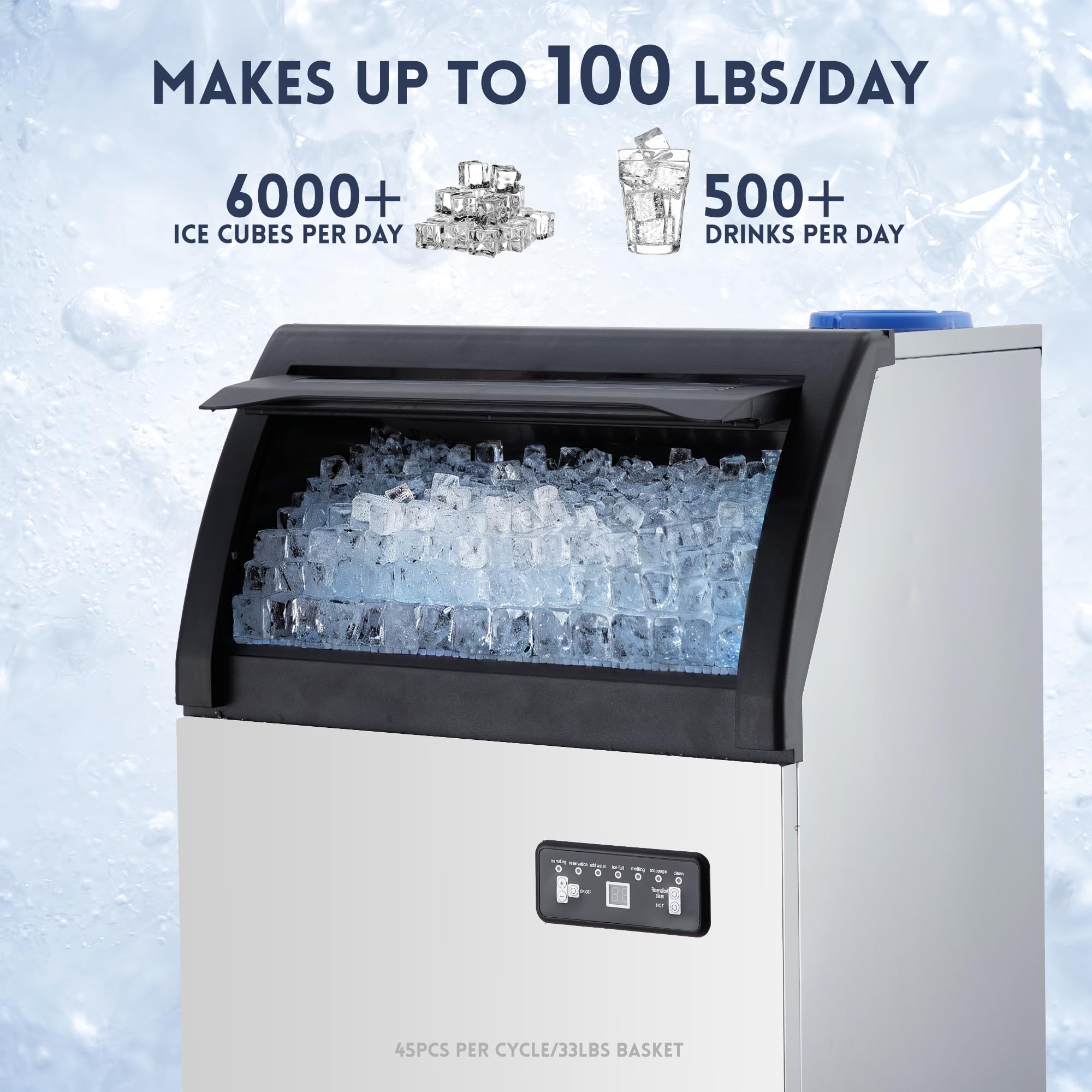 GarveeLife Commercial Ice Make r100 Lbs/24H, 33Lbs Ice Capacity, Fast and Quiet, with Water Filter, Ideal for Home, Office, Restaurant, and Bar, with 2 Water Inlet Modes