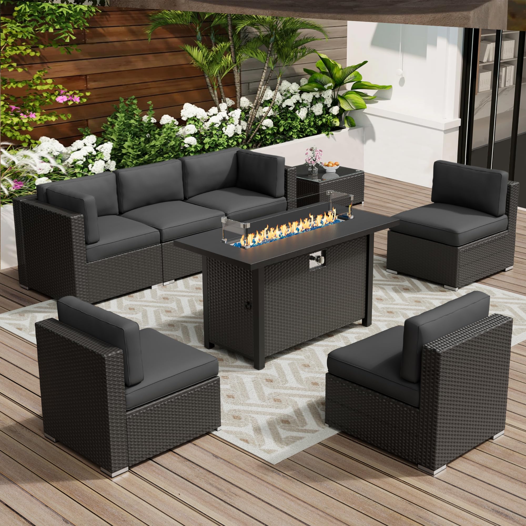 Oakcloud 8-Piece Outdoor Patio Furniture Sofa Set with 45” Propane Gas Fire Pit Table, Black Rattan Wicker Sectional Conversation Sets with Glass Top Table and Cushions(Grey, w/Fire Pit Table)