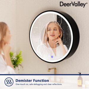 Deer Valley 24'' Round Medicine Cabinet with Mirror and Lights, Led Medicine Cabinet Mirror for Bathroom with Defogger, Metal Framed Electrical Outlet, Stepless Dimmable, Wall Mounted Medicine Cabinet