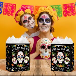 JUESMOS Day of The Dead Gift Bags with Tissue Paper Halloween Treat Bags Sugar Skull Day of The Dead Party Paper Bags Goodie Bags for Day of The Dead Party Favors Decorations Mexican Fiesta Supplies