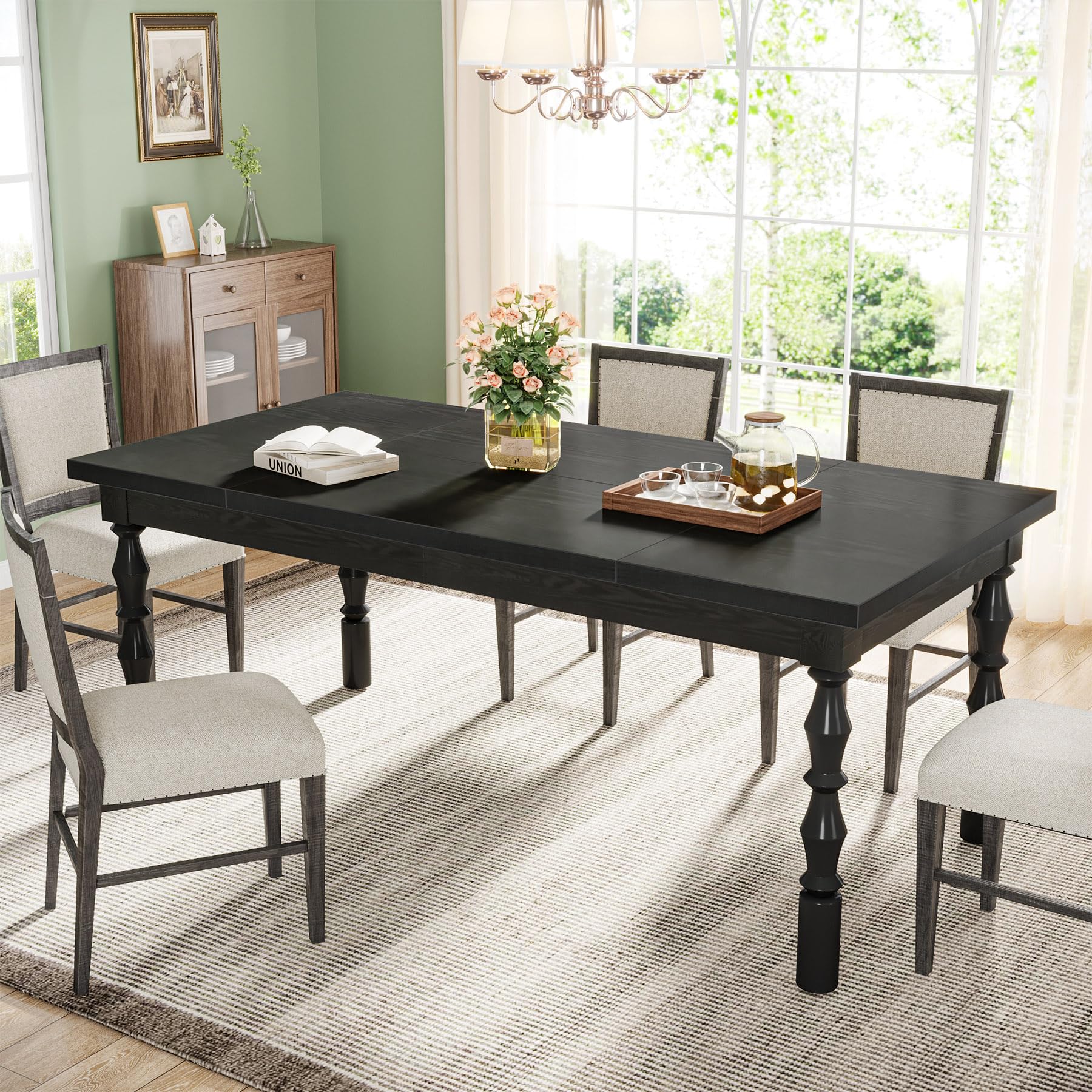 Tribesigns Wood Black Dining Table for 4-6 People, 62” Farmhouse Large Rectangle Kitchen Table, Modern Dinner Table Kitchen & Dining Room Furniture with Carved Turned Legs