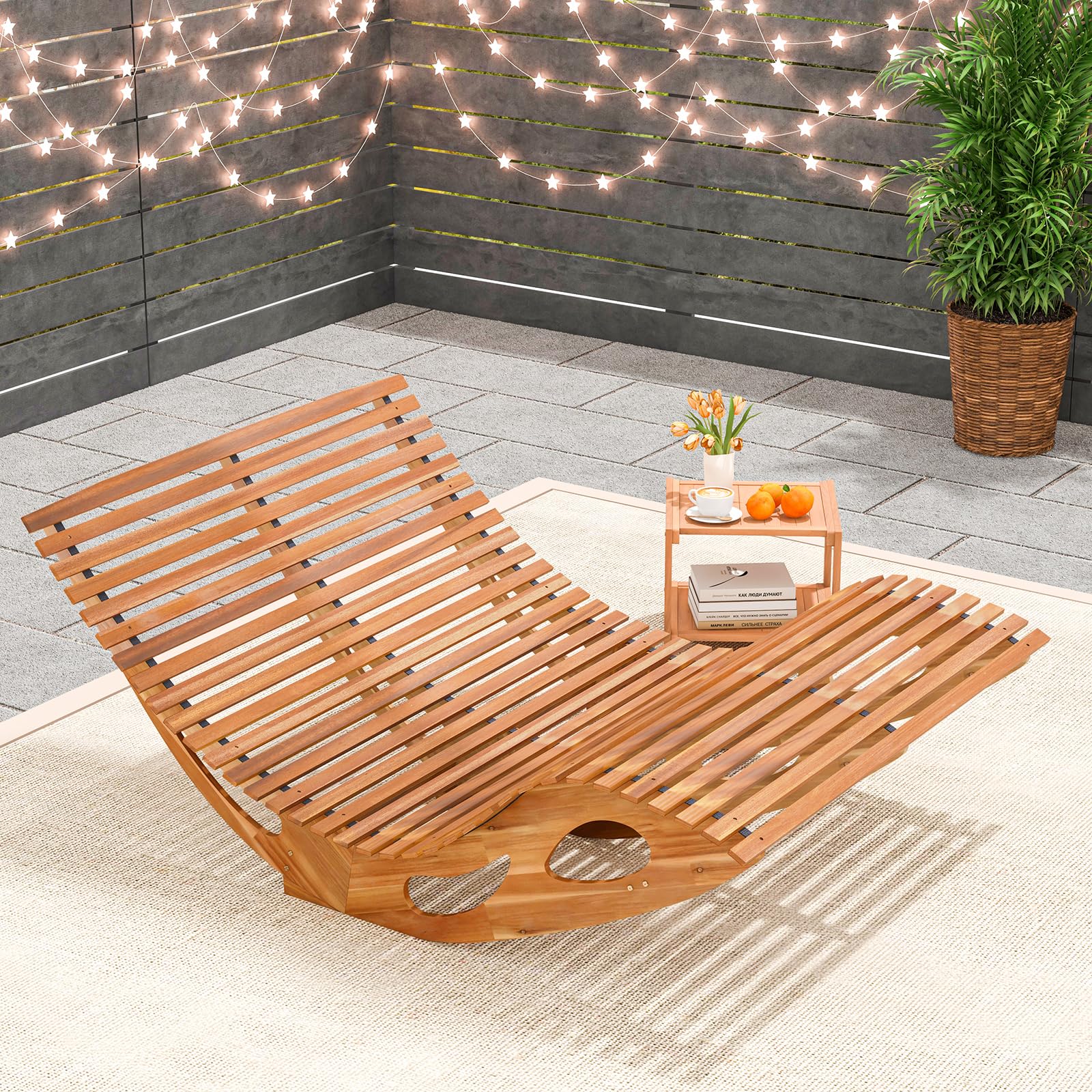 HAPPYGRILL Outdoor Acacia Wood Double Chaise Lounge, Rocking Chair with High Back, Slatted Seat, Stopper, Outside Wood Rocker for 2, 440 Lbs Capacity Sun Lounger Loveseat