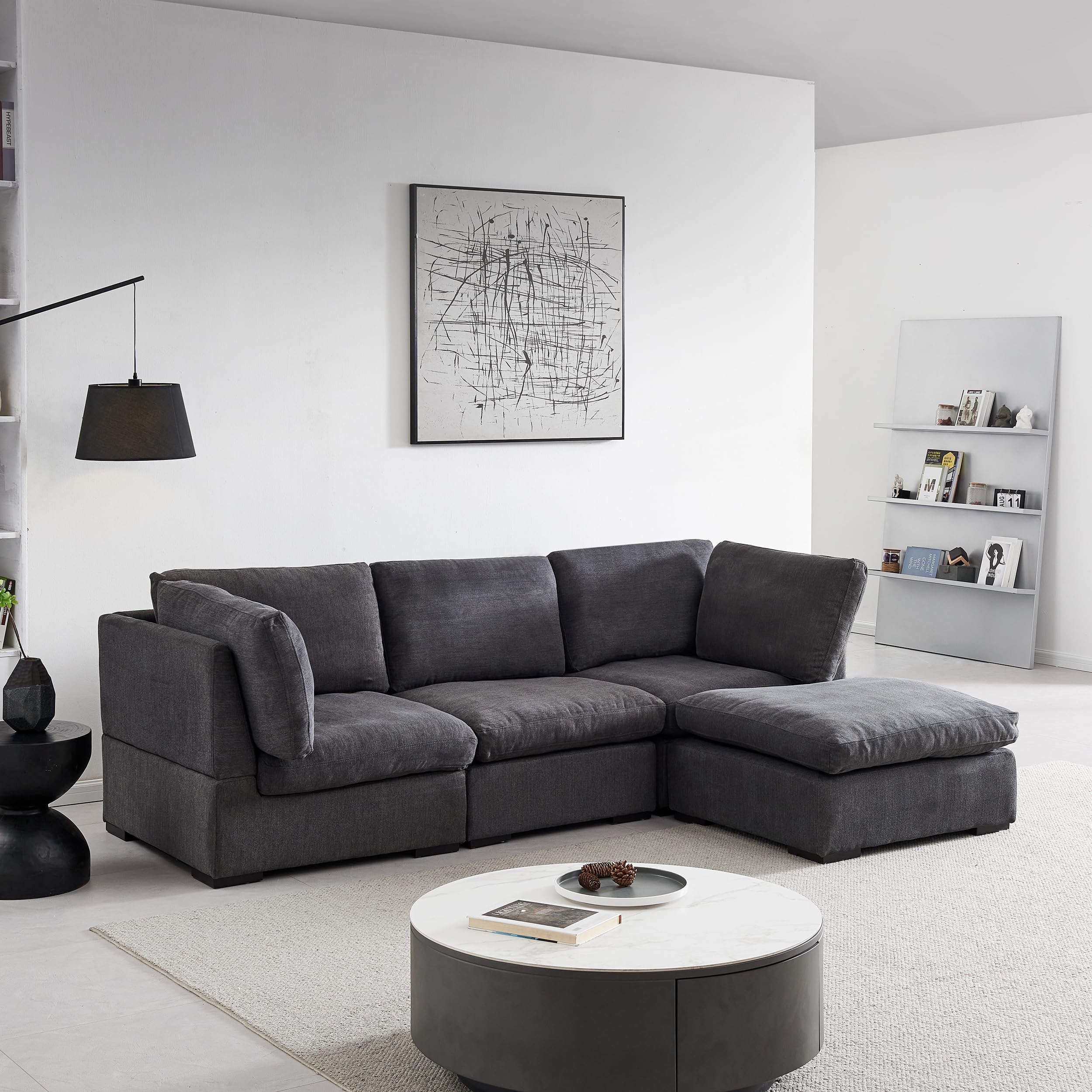 Ball & Cast 99" Modular Sectional Sofa Filled with Down, L Shaped Comfy 3 Seater Couch with Removable Ottoman for Living Room,Apartment,Office,Dark Grey