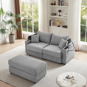 72.8" corduroy loveseat sofa with ottoman, two usb ports & cup holders, small couch with a phone holder for living room bedroom office gray