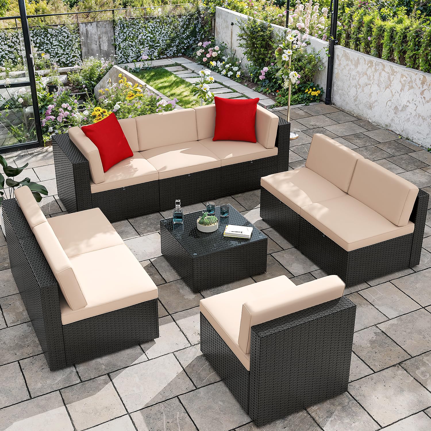 Greesum Patio Furniture Sets 9-Pieces Outdoor PE Rattan Sectional Sofa with Thickened Cushions and Glass Coffee Table,Beige