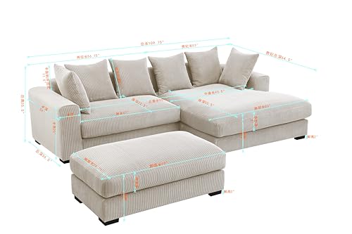 Oversized 3-Piece Right Facing Sectional Sofa Couches W/Ottoman for Living Room, 109.75-Inch L Shaped Corduroy Upholstered Convertible Sofa&Couch with Left Chaise Daybed and 6 Pillows