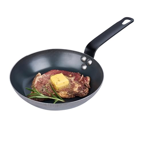 Restaurantware Met Lux 8 Inch Fry Pan, 1 Lightweight Frying Pan - Induction-Ready, Triple-Riveted, Black Carbon Steel Cooking Skillet, Durable, For Searing, Sauteing, And Browning Food