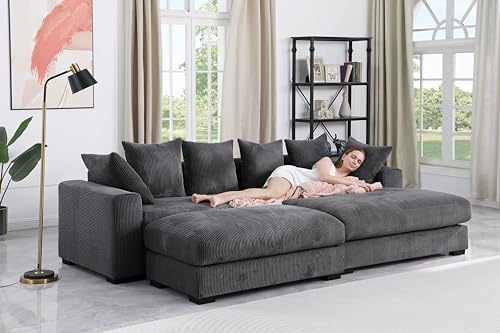 Oversized 3-Piece Right Facing Sectional Sofa Couches W/Ottoman for Living Room, 109.75-Inch L Shaped Corduroy Upholstered Convertible Sofa&Couch with Left Chaise Daybed and 6 Pillows