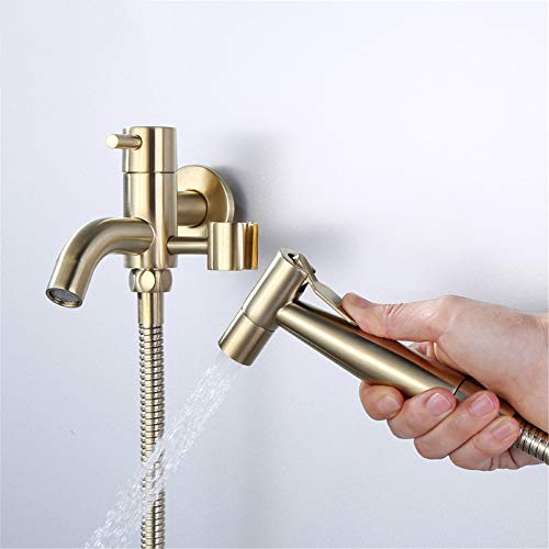 MINJING Bidet Faucet, Single Cold Toilet Hand Held Bidet Sprayer, Brushed Gold Solid Brass Douche Kit, Stainless Steel,A Set