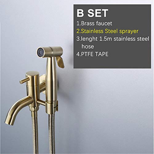 MINJING Bidet Faucet, Single Cold Toilet Hand Held Bidet Sprayer, Brushed Gold Solid Brass Douche Kit, Stainless Steel,A Set