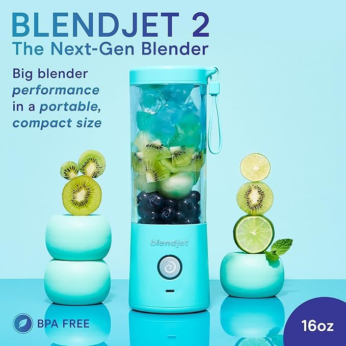 BlendJet 2-Pack Portable Blender for Smoothies & Shakes - 16oz BlendJet 2 Cordless Blender, USB-C Charging & Self Cleaning - Quiet Mini Travel Blender w/Stainless Steel Blade, Black & Mint (Renewed)