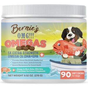 bernie's omg!!! omegas 5x extra strength omega-3s dha+epa, chews with fish oil for dogs, ultimate skin & coat, works as dog allergy chews, dog calming chews, joint supplement. (pork)