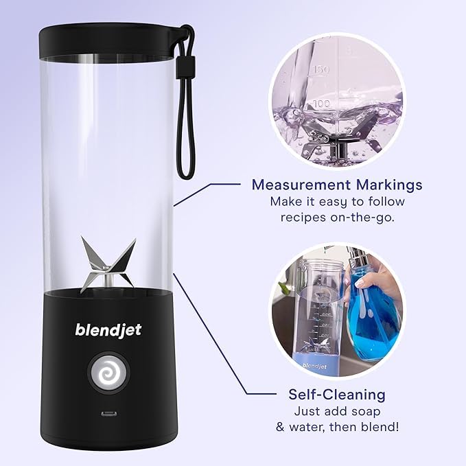 BlendJet 2-Pack Portable Blender for Smoothies & Shakes - 16oz BlendJet 2 Cordless Blender, USB-C Charging & Self Cleaning - Quiet Mini Travel Blender w/Stainless Steel Blade, Black & Mint (Renewed)