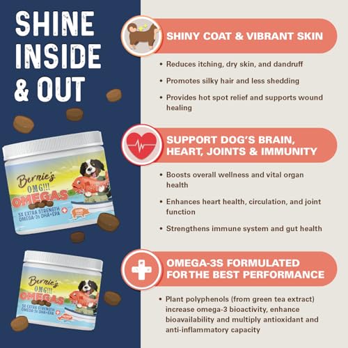 Bernie's OMG!!! Omegas 5X Extra Strength Omega-3s DHA+EPA, Chews with Fish Oil for Dogs, Ultimate Skin & Coat, Works as Dog Allergy Chews, Dog Calming Chews, Joint Supplement. (Pork)