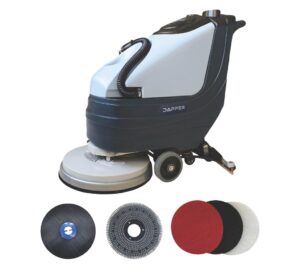 battery powered walk behind floor scrubber buffer polisher machine, 19" brush, 30" squeegee width, 13.5 gal tank, brush speed 220 rpm, includes a brush and 3 scouring pads for hard floors