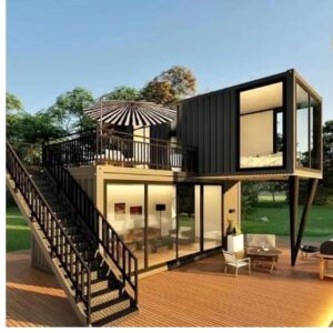 2 Room Customized Container Houses Two-Story Villas Prefab Tiny Homes to Live in for Adults Mini Mobile Home Modular Guest Homes kit casas prefabricadas para Vivir, with Stair Terrace guardrail