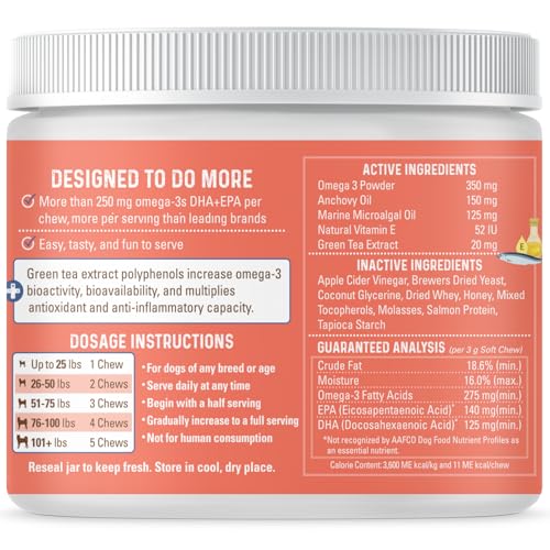 Bernie’s OMG!!! Omegas 5X Extra Strength Omega-3s DHA+EPA, Chews with Fish Oil for Dogs, Ultimate Skin & Coat, Works as Dog Allergy Chews, Dog Calming Chews, Joint Supplement. (Salmon)